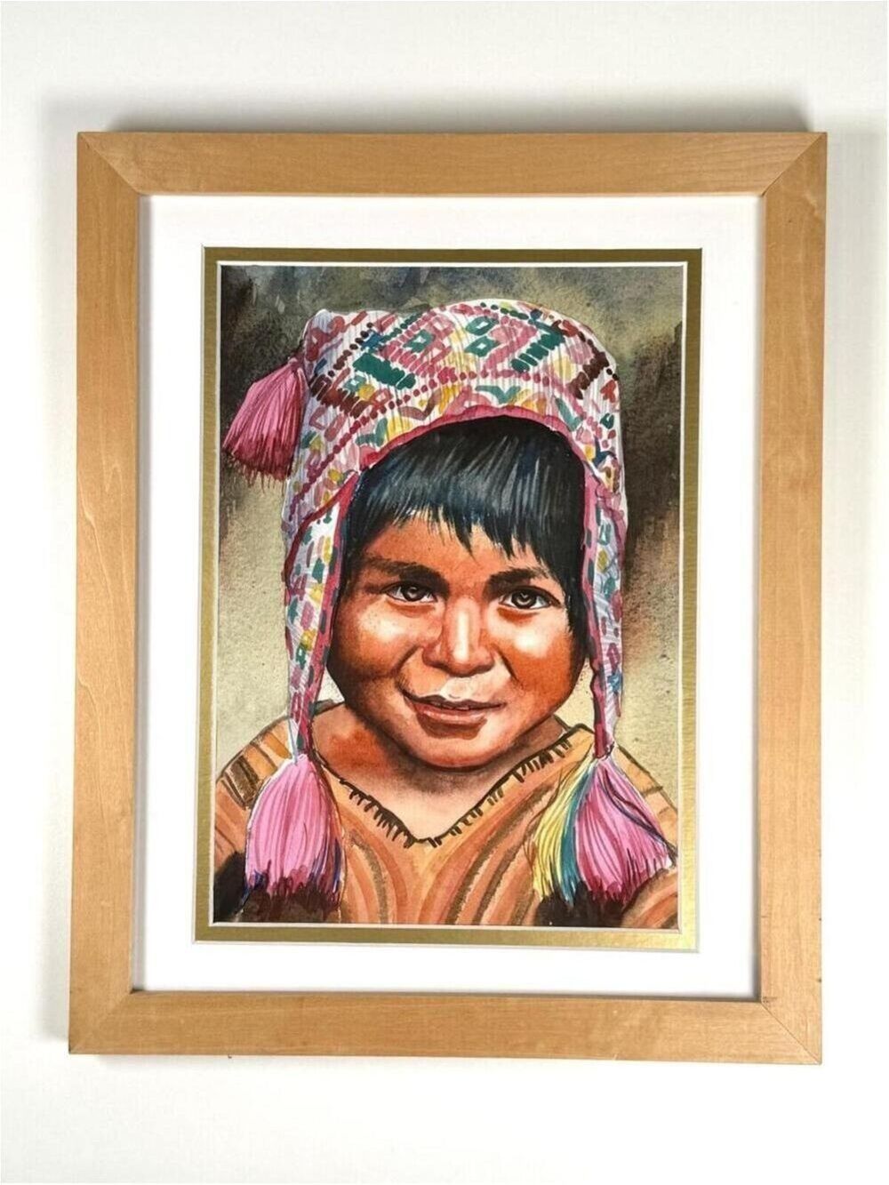 Andean Child Portrait Watercolor Peru Smiling Boy Folk Art Framed Original